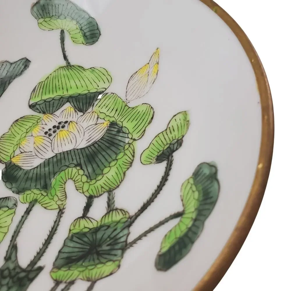 Vintage ACF Japanese Porcelain Ware Bowl Metal Encased 5 3/4” Floral Green MCM
